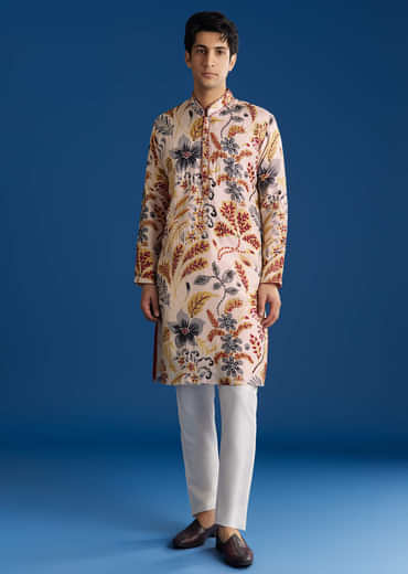 Cream Silk Floral Resham Threadwork Kurta Jacket Set