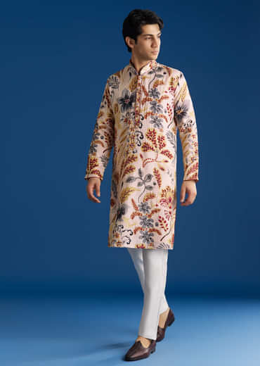 Cream Silk Floral Resham Threadwork Kurta Jacket Set