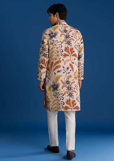 Cream Silk Floral Resham Threadwork Kurta Jacket Set