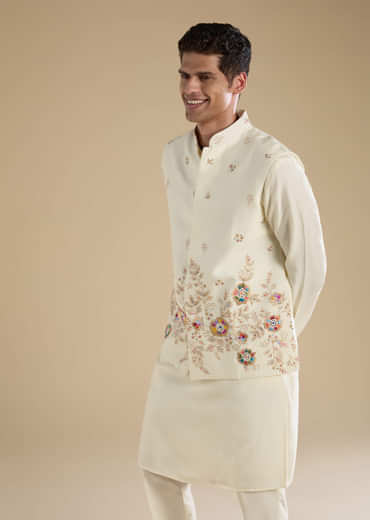 Cream Silk Jacket Kurta Set with Resham Work