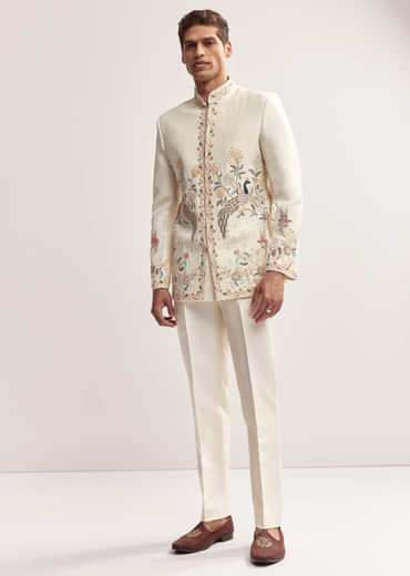 Cream Silk Jodhpuri Set For Men With Multicolour Peacock Embroidery