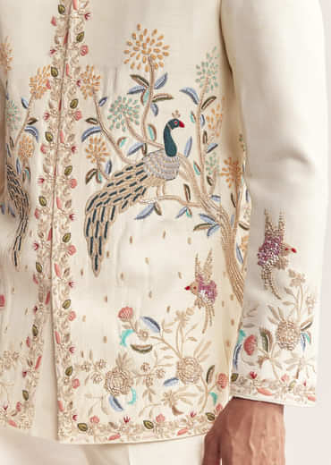 Cream Silk Jodhpuri Set For Men With Multicolour Peacock Embroidery