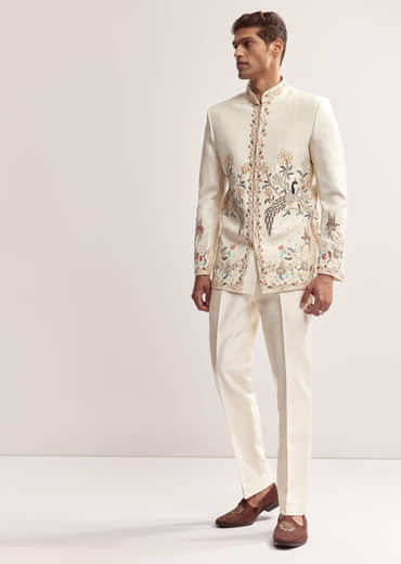 Cream Silk Jodhpuri Set For Men With Multicolour Peacock Embroidery