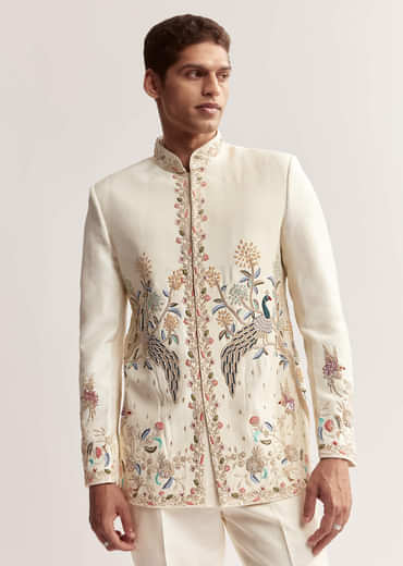Cream Silk Jodhpuri Set For Men With Multicolour Peacock Embroidery