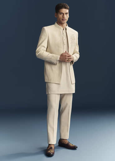 Cream Silk Kurta Jacket Set For Men With Dense Embroidery
