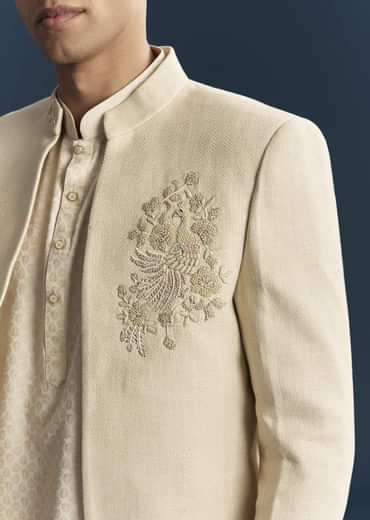 Cream Silk Kurta Jacket Set For Men With Dense Embroidery