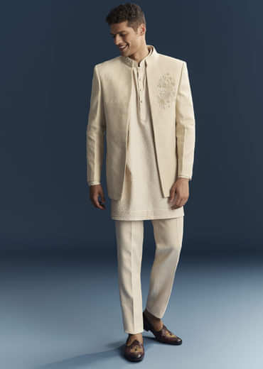 Cream Silk Kurta Jacket Set For Men With Dense Embroidery