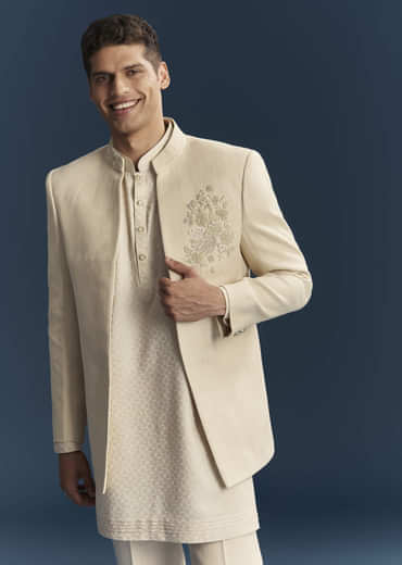 Cream Silk Kurta Jacket Set For Men With Dense Embroidery