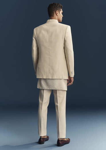 Cream Silk Kurta Jacket Set For Men With Dense Embroidery