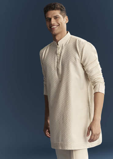 Cream Silk Kurta Jacket Set For Men With Dense Embroidery