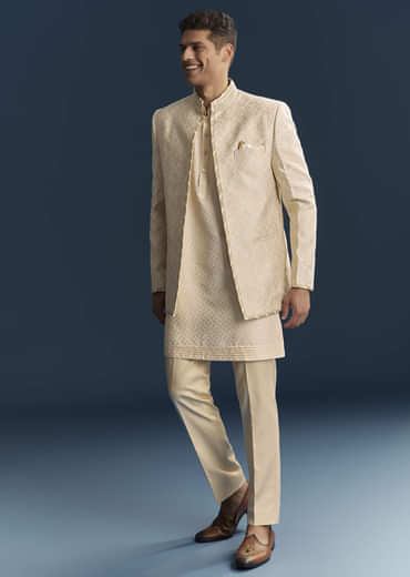 Cream Silk Kurta Jacket Set For Men With Embroidery