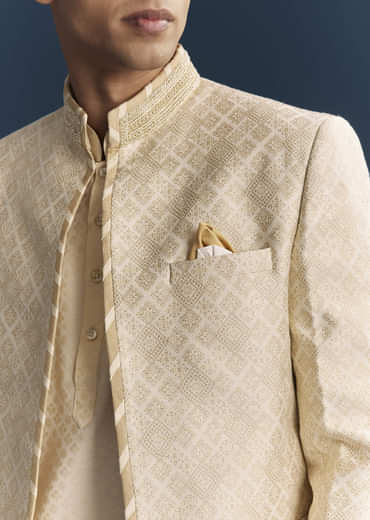 Cream Silk Kurta Jacket Set For Men With Embroidery