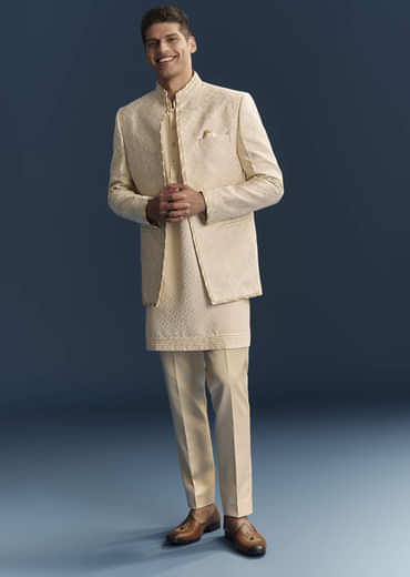 Cream Silk Kurta Jacket Set For Men With Embroidery