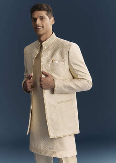Cream Silk Kurta Jacket Set For Men With Embroidery
