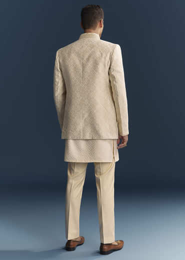 Cream Silk Kurta Jacket Set For Men With Embroidery