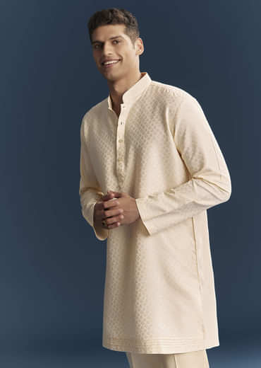Cream Silk Kurta Jacket Set For Men With Embroidery