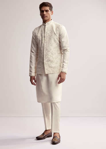 Cream Silk Kurta Jacket Set For Men With Floral Hand Embroidery