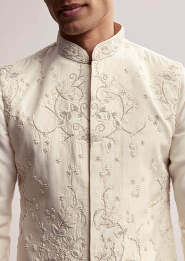 Cream Silk Kurta Jacket Set For Men With Floral Hand Embroidery