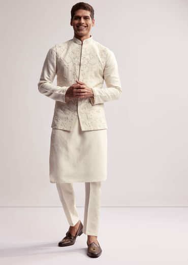 Cream Silk Kurta Jacket Set For Men With Floral Hand Embroidery