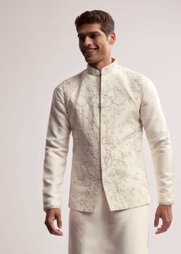 Cream Silk Kurta Jacket Set For Men With Floral Hand Embroidery