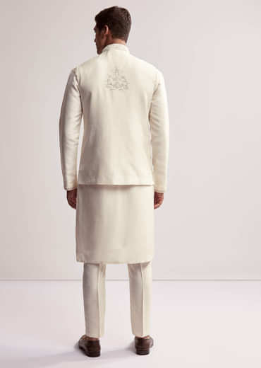Cream Silk Kurta Jacket Set For Men With Floral Hand Embroidery