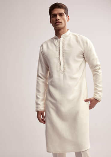 Cream Silk Kurta Jacket Set For Men With Floral Hand Embroidery