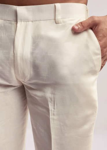 Cream Silk Kurta Jacket Set For Men With Floral Hand Embroidery