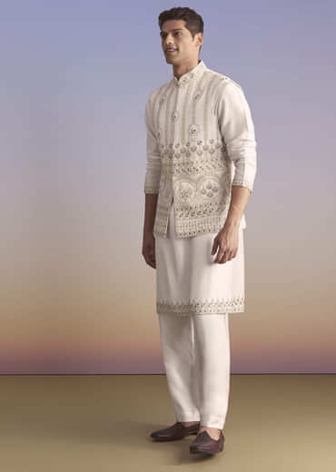 Cream Silk Kurta Jacket Set For Men With Subtle Thread Work