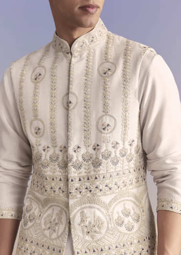 Cream Silk Kurta Jacket Set For Men With Subtle Thread Work