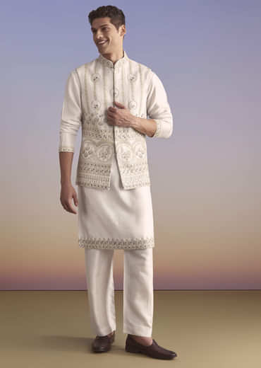 Cream Silk Kurta Jacket Set For Men With Subtle Thread Work