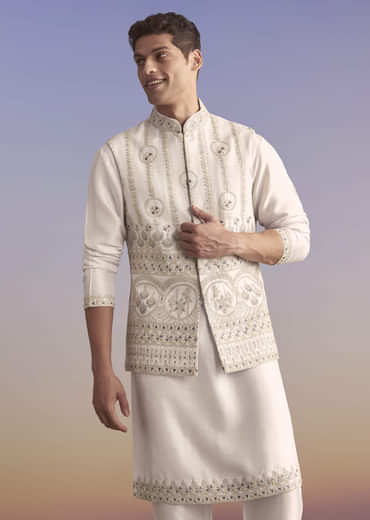 Cream Silk Kurta Jacket Set For Men With Subtle Thread Work