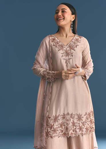 Cream Silk Kurta Palazzo Set With Cut Dana Work