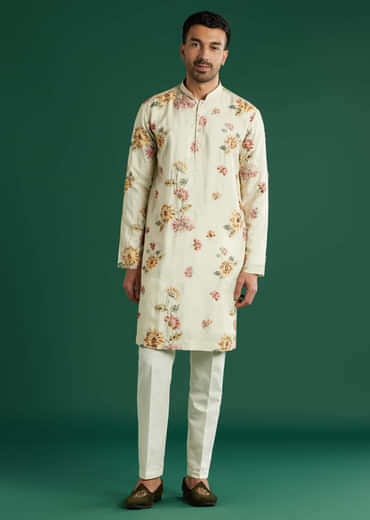 Cream Silk Kurta Set For Men With Floral Resham Work