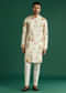 Cream Silk Kurta Set For Men With Floral Resham Work
