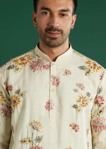 Cream Silk Kurta Set For Men With Floral Resham Work