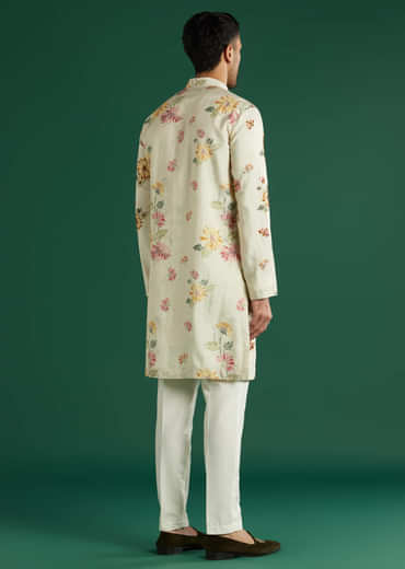 Cream Silk Kurta Set For Men With Floral Resham Work