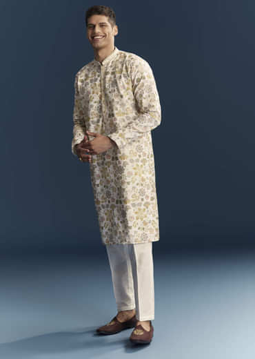 Cream Silk Kurta Set For Men With Resham Embroidery