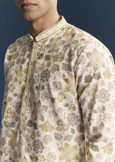 Cream Silk Kurta Set For Men With Resham Embroidery