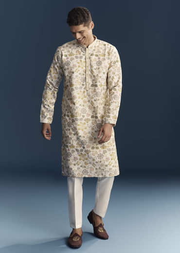 Cream Silk Kurta Set For Men With Resham Embroidery