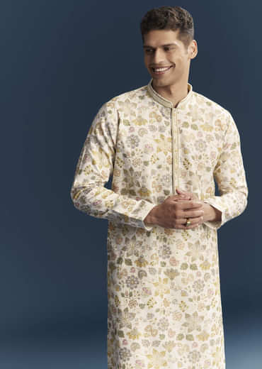 Cream Silk Kurta Set For Men With Resham Embroidery