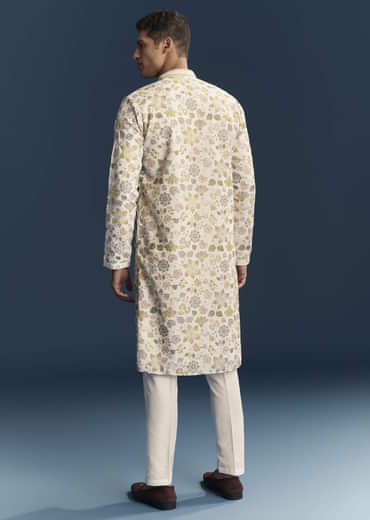 Cream Silk Kurta Set For Men With Resham Embroidery