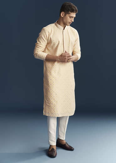 Cream Silk Kurta Set For Men With Subtle Motifs