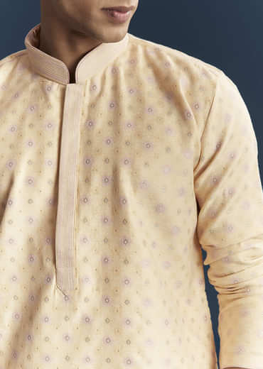 Cream Silk Kurta Set For Men With Subtle Motifs