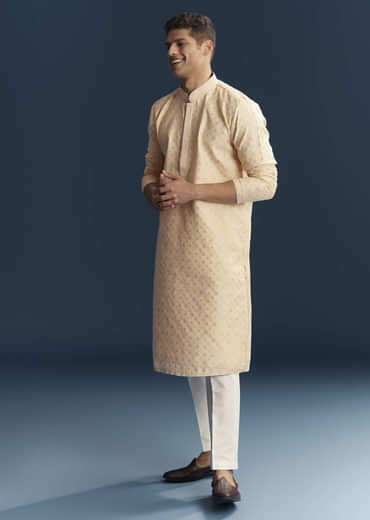 Cream Silk Kurta Set For Men With Subtle Motifs