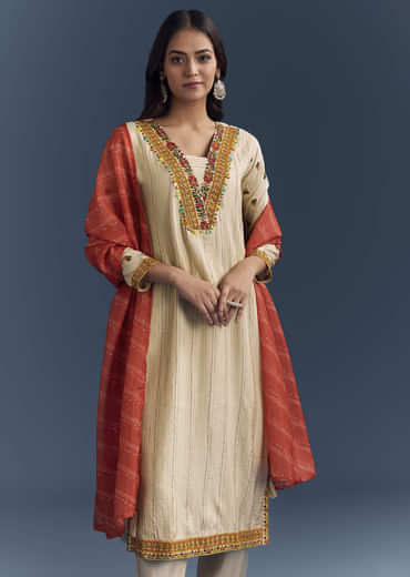 Cream Silk Kurta Set With Delicate Resham Work