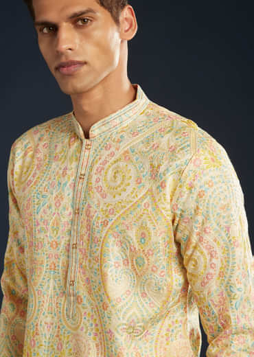 Cream Silk Mens Kurta Set with Thread Embroidery