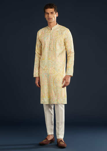 Cream Silk Mens Kurta Set with Thread Embroidery