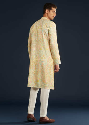 Cream Silk Mens Kurta Set with Thread Embroidery
