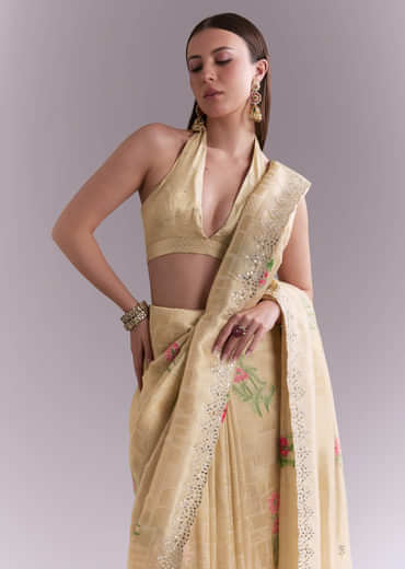 Cream Silk Saree With Floral Motifs And Gota Work