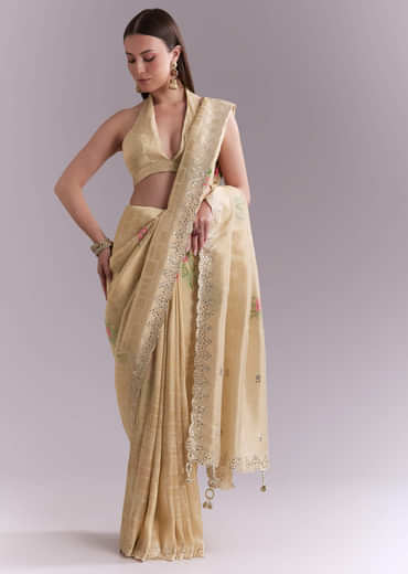 Cream Silk Saree With Floral Motifs And Gota Work